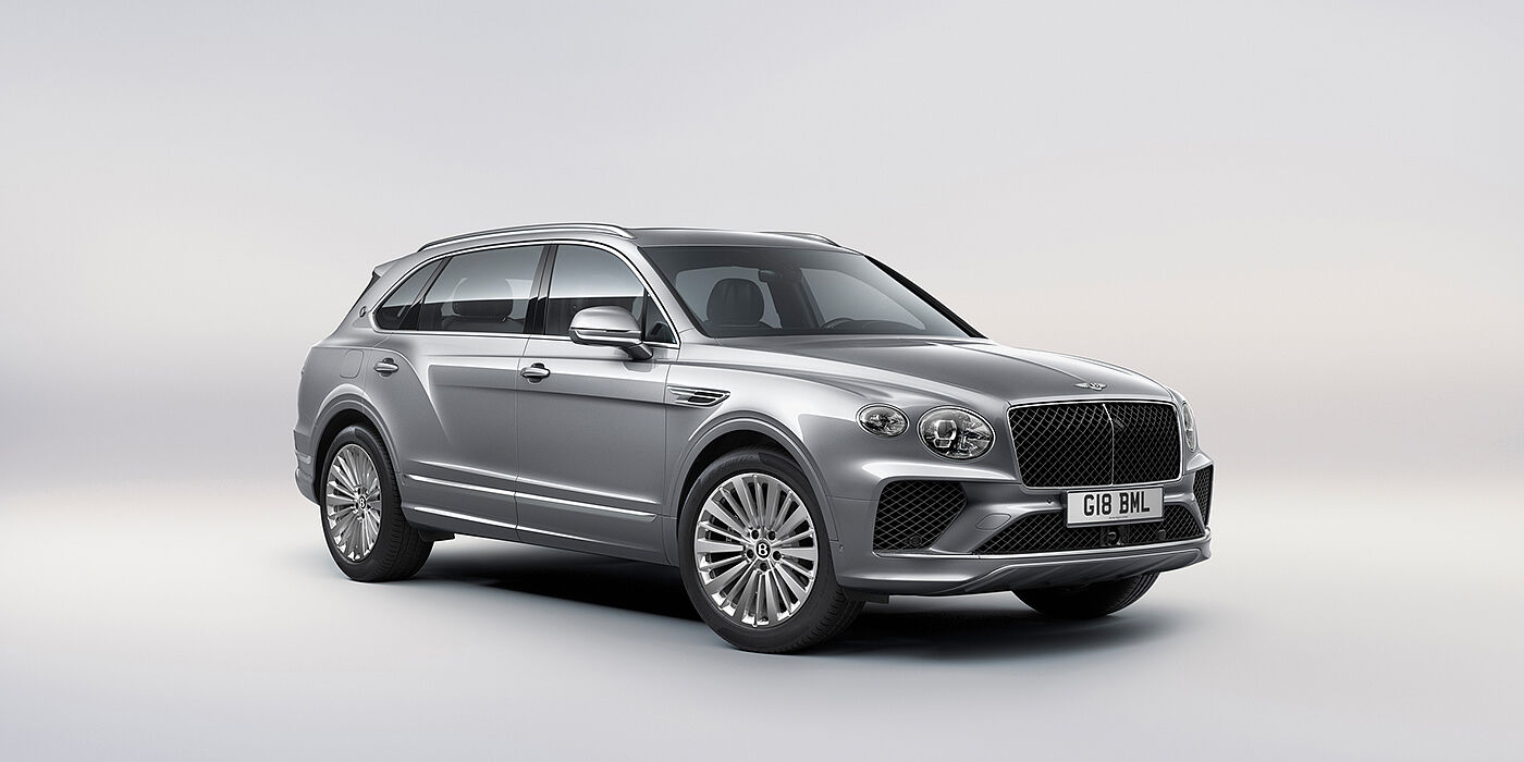 Bentley Istanbul Bentley Bentayga Extended Wheelbase luxury SUV front three quarter view in Moonbeam paint with 21 inch five spoke painted wheels