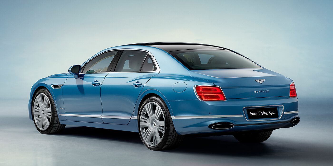 Bentley Istanbul New Bentley Flying Spur Azure sedan rear view in Light windsor blue by Mulliner paint with 22 inch Azure wheels and chrome exterior details
