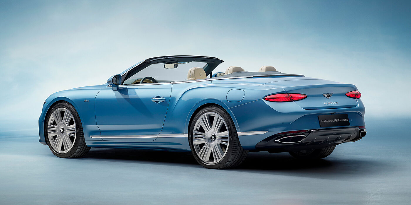 Bentley Istanbul New Bentley Continental GTC Azure convertible rear view in Light Windsor blue paint with 22 inch ten spoke wheels and chrome exterior details