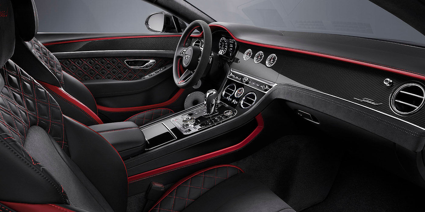 Bentley Istanbul Bentley Continental GT Speed coupe front interior in Beluga black and Hotspur red hide