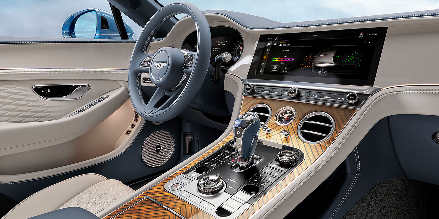 Bentley Istanbul New Bentley Continental GTC Azure convertible interior front cabin view with Linen and Brunel hides and Piano Linen by Mulliner veneer featuring centre console and centre MMI screen