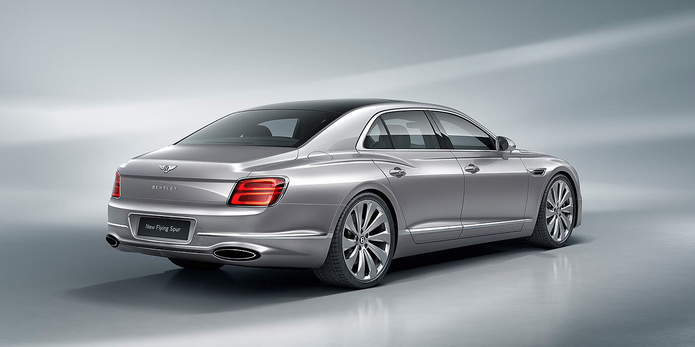 Bentley Istanbul New Bentley Flying Spur sedan rear view in Silverlake paint with ten spoke wheels and chrome matrix grille