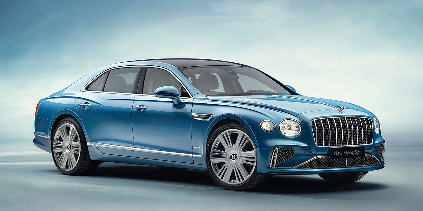Bentley Istanbul New Bentley Flying Spur Azure sedan front view in Light windsor blue by Mulliner paint with 22 inch Azure wheels and chrome exterior details