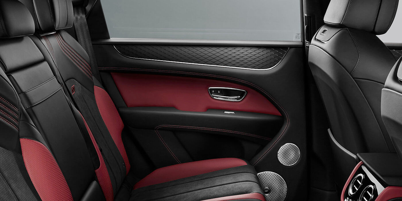 Bentley Istanbul Bentley Bentayga S SUV rear interior in Beluga black and Hotspur red hide