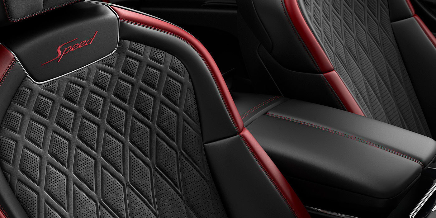 Bentley Istanbul Bentley Flying Spur Speed sedan seat stitching detail in Beluga black and Cricket Ball red hide