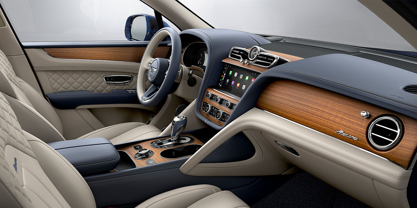 Bentley Istanbul Bentley Bentayga Azure SUV front interior in Imperial Blue and Linen hide