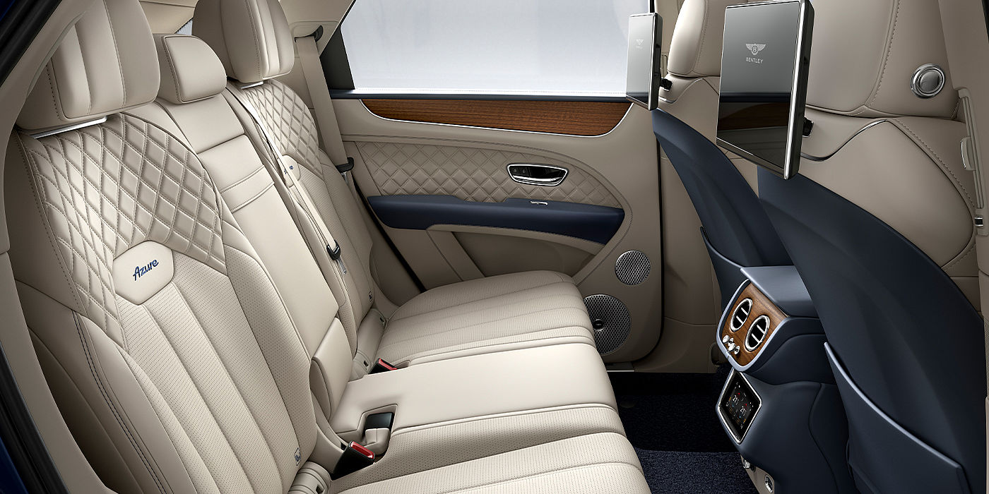 Bentley Istanbul Bentley Bentayga Azure SUV rear interior in Imperial Blue and Linen hide