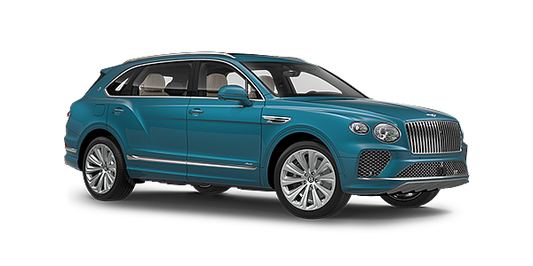 Bentley Istanbul Bentayga Extended Wheelbase Azure luxury SUV front three quarter in Topaz Blue by Mulliner paint