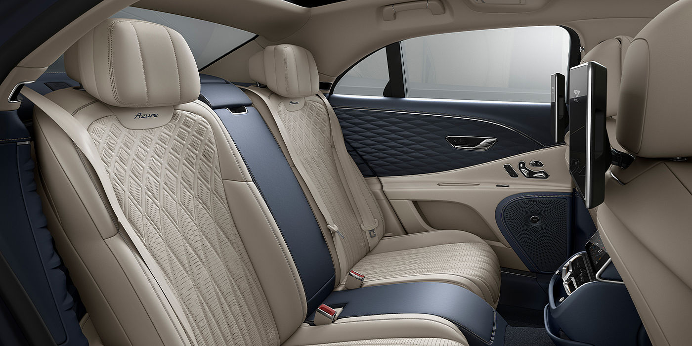 Bentley Istanbul Bentley Flying Spur Azure sedan rear interior in Imperial Blue and Linen hide