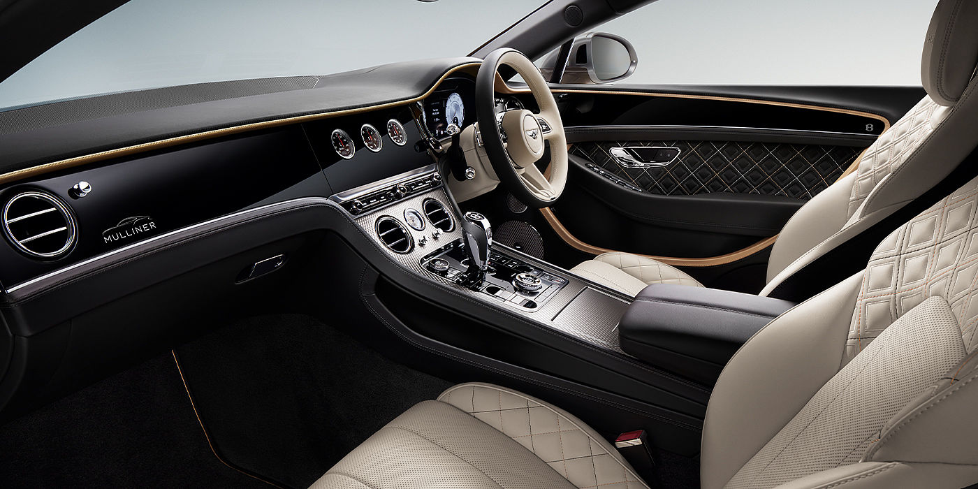Bentley Istanbul Bentley Continental GT Mulliner coupe front interior in Beluga black and Linen hide