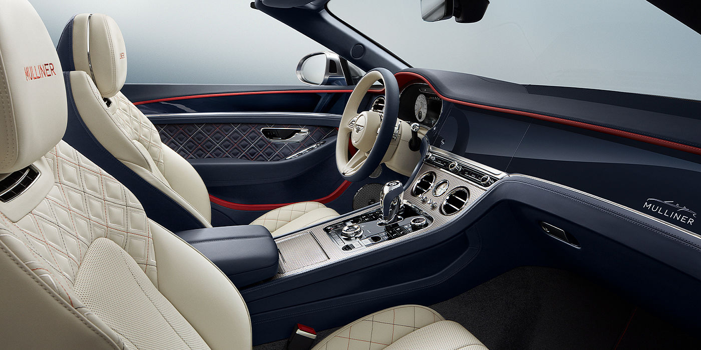 Bentley Istanbul Bentley Continental GTC Mulliner convertible front interior in Imperial Blue and Linen hide