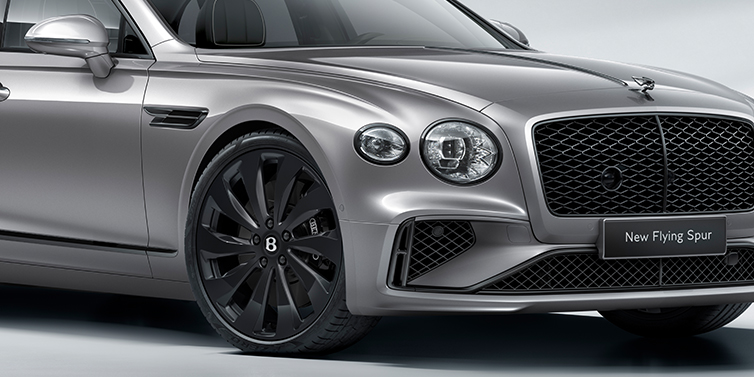 Bentley Istanbul New Bentley Flying Spur sedan front bonnet in Silverlake paint with Black Specification with black ten spoke wheel, black matrix grille and black exterior details